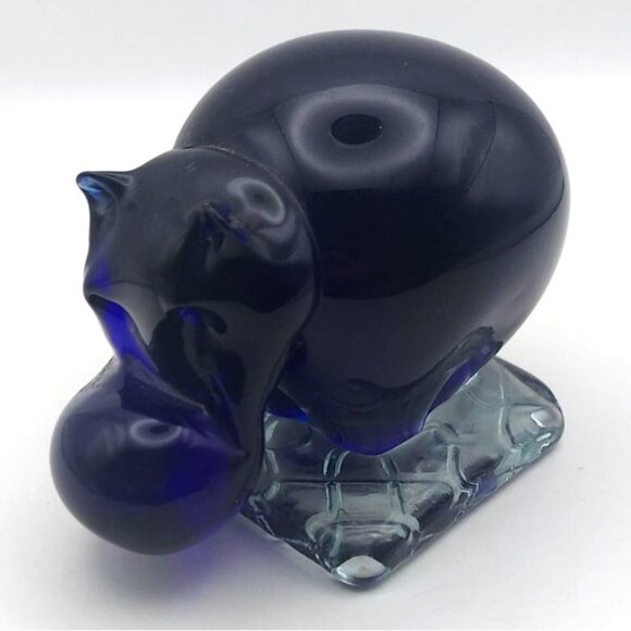 Vintage Dark Cobalt Blue Handblown Glass Hippo Bookend Paperweight Textured Base - Picture 1 of 6